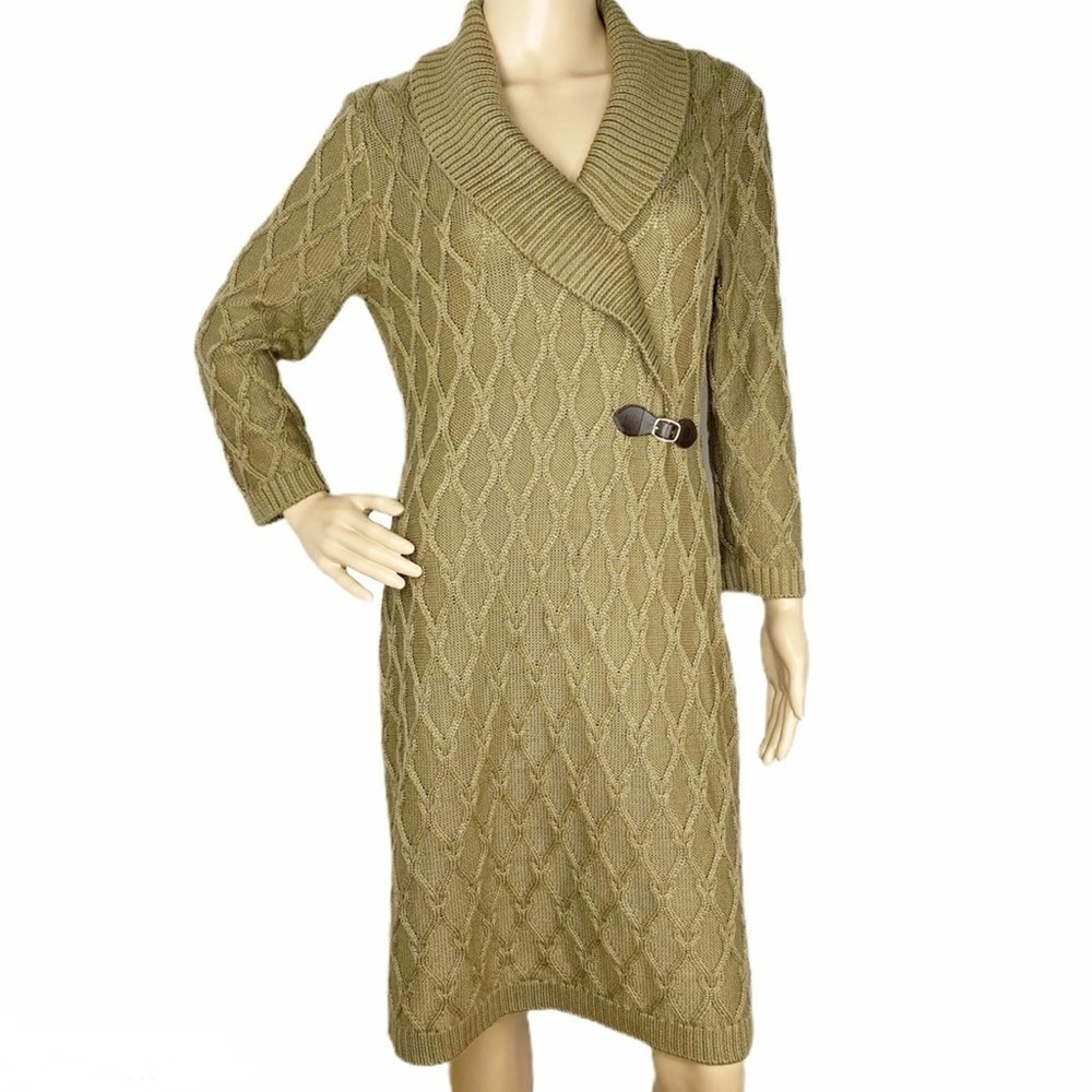 Calvin Klein Olive Green Faux Wrap Sweater Dress Size Large